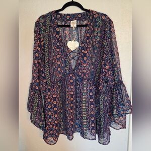 Self Esteem Blue Ruffled Tie Front Blouse